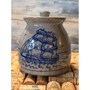 Vintage Great Bay Blue Ship Stoneware Lidded Crock Rustic Nautical Decor